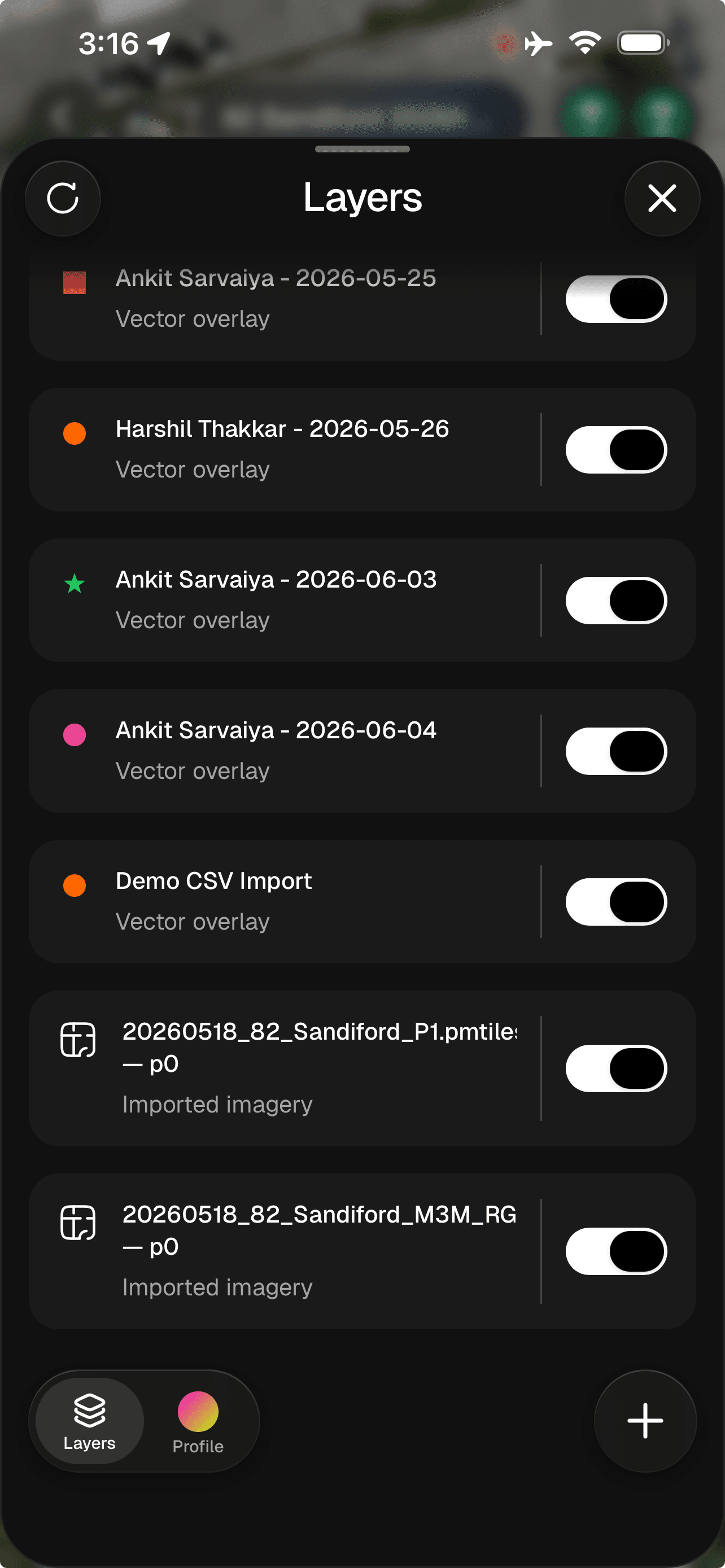 Mapdesk layers panel with colour-coded overlays and visibility toggles