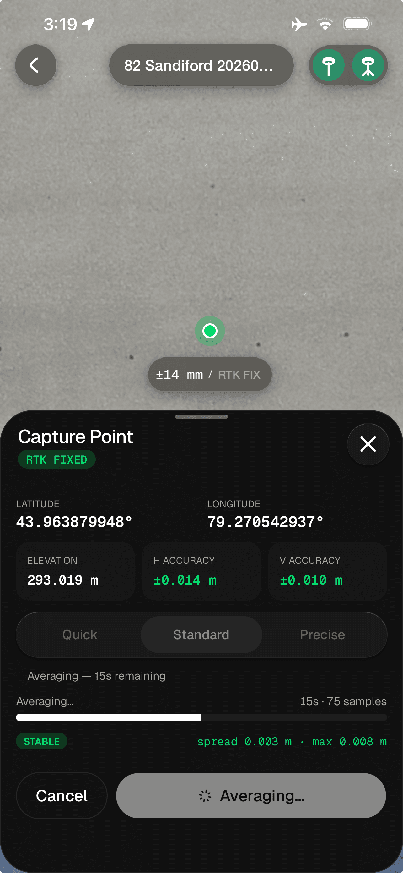 Capturing a point in Mapdesk with a live accuracy readout and a Stable indicator