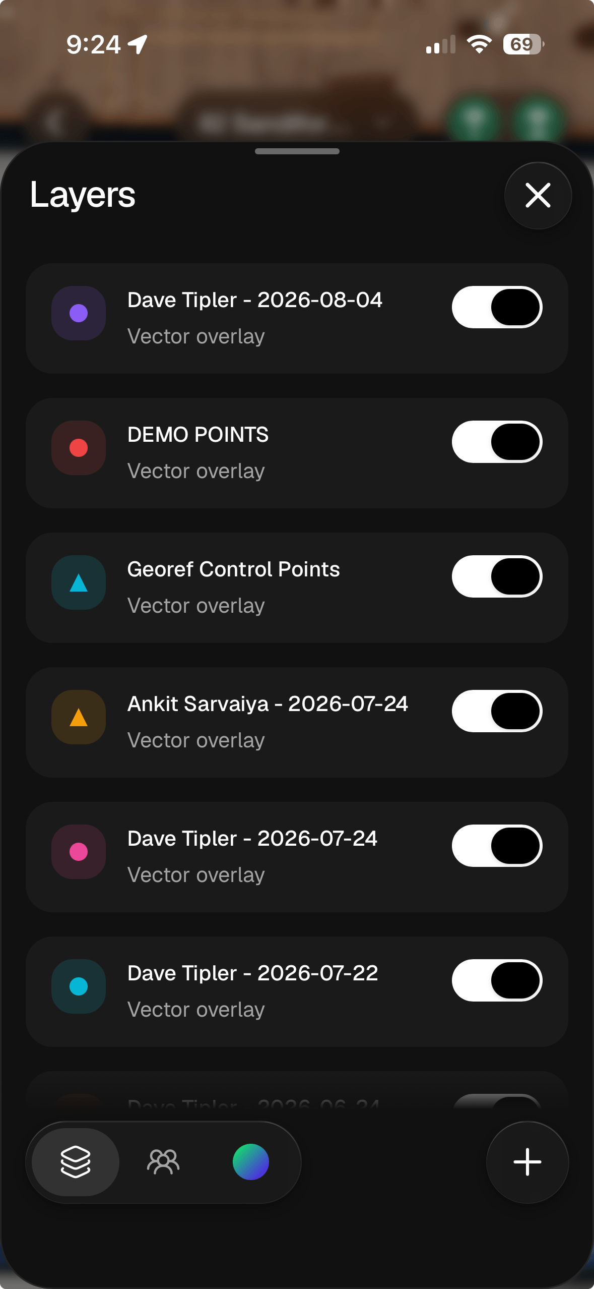 Mapdesk layers panel with colour-coded overlays and visibility toggles